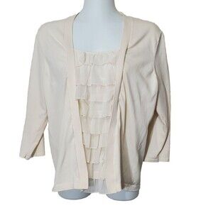 August Silk Top Womens XL Ivory Chiffon Ruffle Front 3/4 Sleeve Knit Blouse